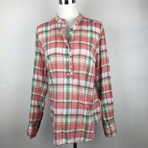 J Crew Plaid Prairie Peasant top with Half Button